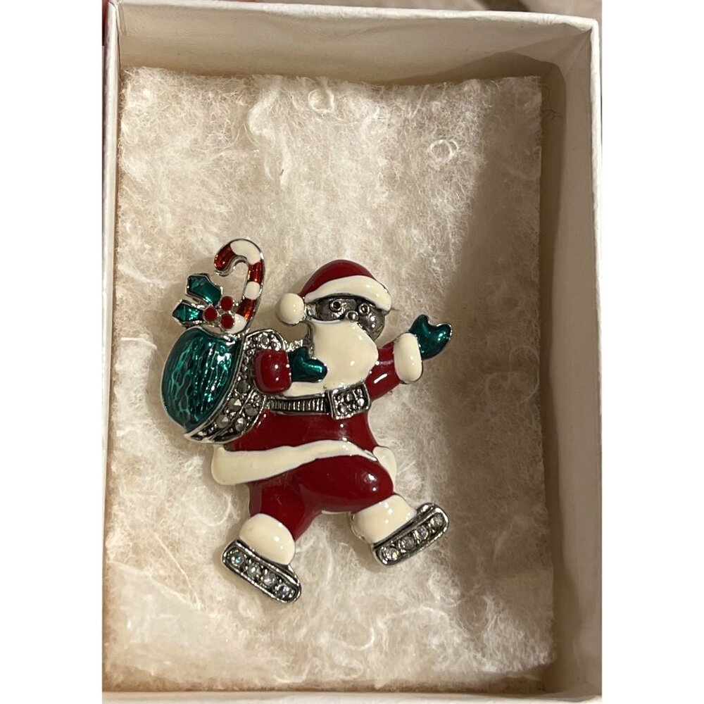 Santa Claus Holiday Brooch Pin With Rhinestone Accents & Enamel Detailing Red 2”